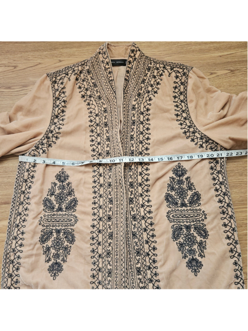 Zara Boho Embroidered Floral Open Long Line Cardigan Velvet Kimono Womens Medium - Picture 6 of 6